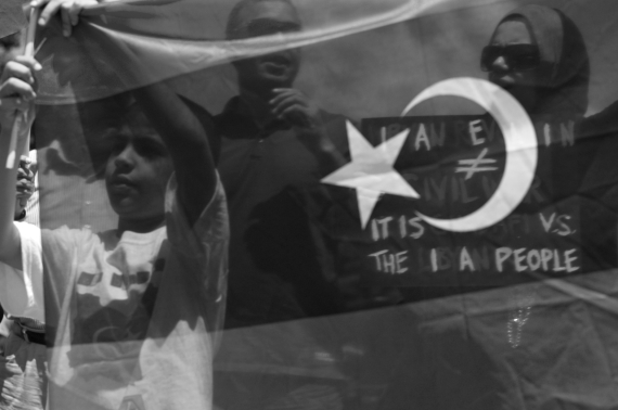 A young boy holding the Libyan flag at a pro-NATO rally, 2011.